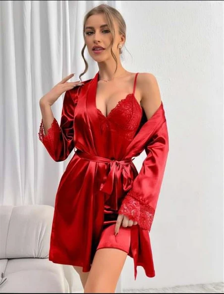Arias Closet Dantel İşlemeli İnce Askılı Kırmızı Saten 2'Li Gecelik Sabahlık Takımı ürün görseli 1