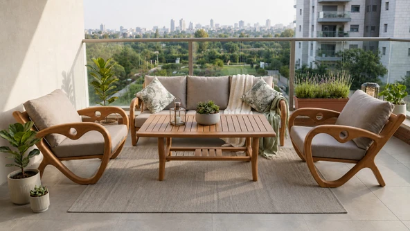 Zerkaconcept Gardenlove Bahçe Balkon Koltuk Masif Ahşap Kestane Ağacı 3+1+1 Koltuk Masa Takımı Bej ürün görseli 1