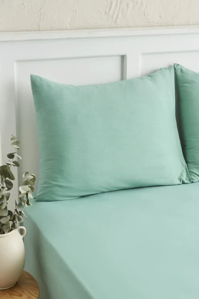 LaLiva Fitted Çift Kişik Lastikli Çarşaf + 2 adet yastık kılıfı Su Yeşili Fitted ürün görseli 1