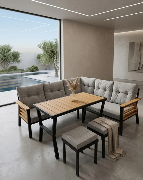 Zerkaconcept Dolce Metal Bahçe Balkon Teras Köşe Masa Ve Puf Takımı Çok Renkli ürün görseli 1