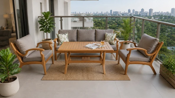 Zerkaconcept Orbis Bahçe Balkon Koltuk Masif Ahşap Kestane Ağacı 3+1+1 Koltuk Ve Masa Takımı Bej ürün görseli 1