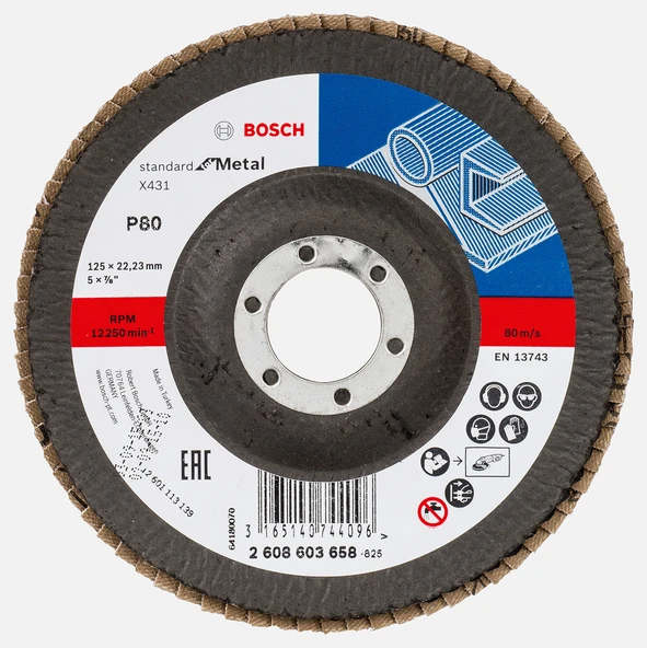 Bosch 125 mm 80 Kum Standard Seri Metal İçin x431 Alüminyumoksit Flap Zımpara Diski (4'li Paket) ürün görseli 1