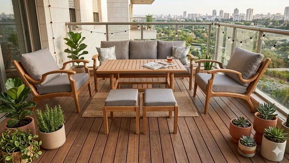 Zerkaconcept Orbis Bahçe Balkon Koltuk Masif Ahşap Kestane Ağacı 3+1+1 Koltuk, Masa Ve Puf Takımı Bej ürün görseli 1