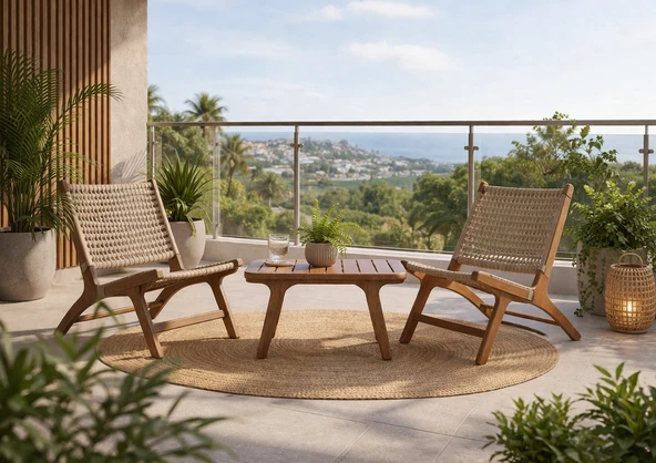 Zerkaconcept Çeşme Masif Ahşap İroko Ağacı Oturma Grubu Bahçe Balkon Koltuk Takımı 1+1+ Sehpa ürün görseli 1