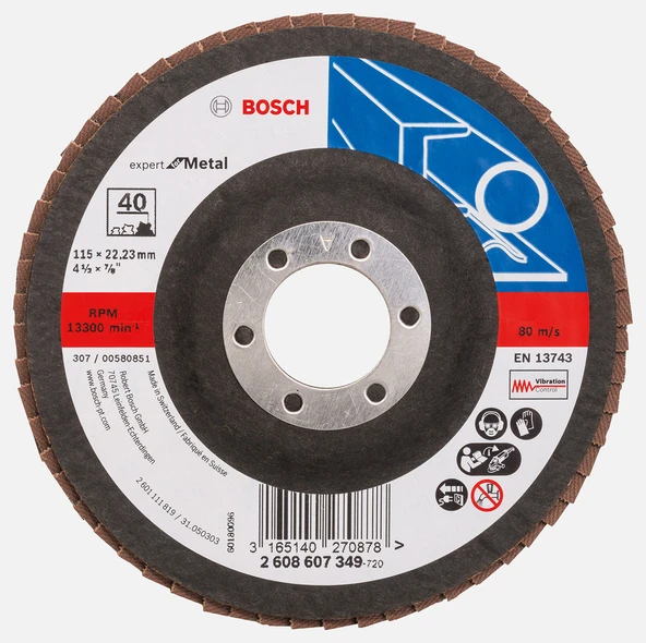 Bosch 115 mm 40 Kum Expert Seri Metal İçin x551 Flap Zımpara Diski (5'li Paket) ürün görseli 1