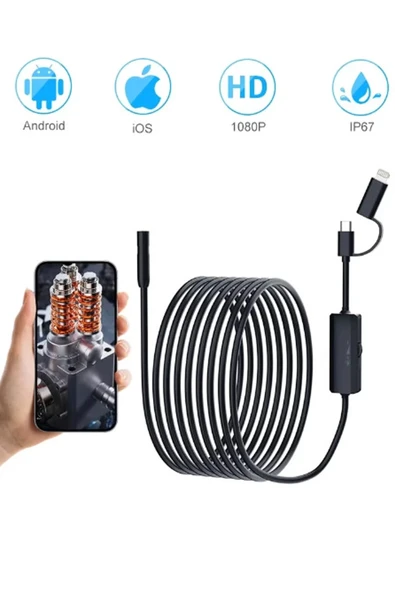 5 Metre Endoskop Yılan Video Kamera Ios Ve Android Uyumlu Led’li 8 Mm Sert Kablo 2mp ürün görseli 1