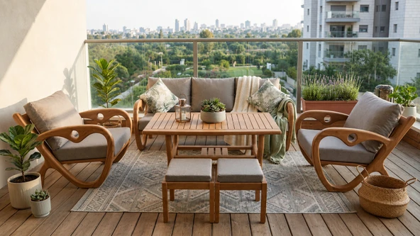 Zerkaconcept Gardenlove Bahçe Balkon Koltuk Masif Ahşap Kestane Ağacı 3+1+1 Koltuk, Masa Ve Puf Takımı Bej ürün görseli 1