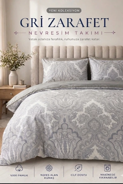 LaLiva Gri Zarafet Çift Kişilik -Çarşafı Lastikli-Pamuk Nevresim Takımı- ürün görseli 1
