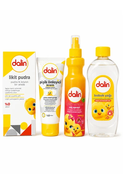 Dalin Bebek Bakım Seti - Likit Pudra + Pişik Önleyici Krem + Kolay Tarama Spreyi + Nemlendirici Bebek Yağı 4'lü Paket ürün görseli 1