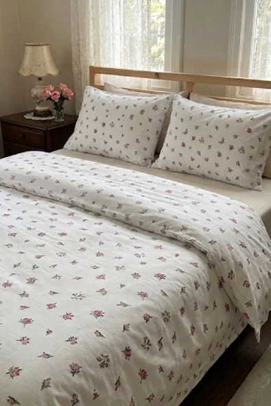 LaLiva Tiny Roses Çift Kişilik -Çarşafı Lastikli-Pamuk Nevresim Takımı- ürün görseli 1