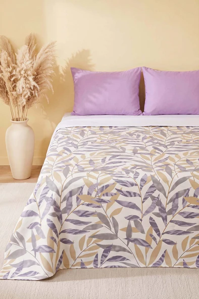 Gri Defne Dalı Desenli Çift Kişilik Baskılı Pike & Yatak Örtüsü 200x230 cm ürün görseli 1