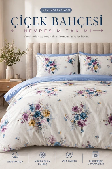 LaLiva Çiçek Bahçem Çift Kişilik -Çarşafı Lastikli-Pamuk Nevresim Takımı-Mavili ürün görseli 1