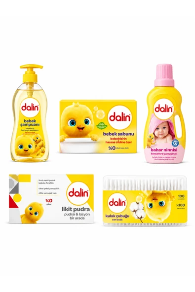 Dalin Yenidoğan Bebek Bakım ve Çamaşır Seti - 1200 ml Yumuşatıcı + 700 ml Şampuan + Likit Pudra + Sabun + Kulak Çubuğu 100'lü ürün görseli 1