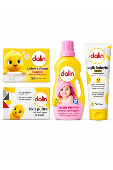 Dalin Yenidoğan Bebek Bakım ve Çamaşır Seti - Pişik Kremi 100 ml + Likit Pudra 100 ml + Konsantre Yumuşatıcı 1200 ml + Bebek Sabunu ürün görseli 1