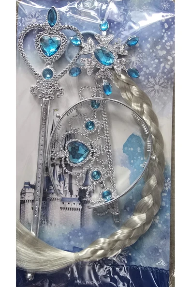 Elsa frozen yeni model 3 lü set Elsa taç,elsa saç ve Elsa asa tokalı set mavi renk ürün görseli 1