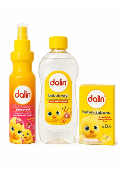 Dalin Bebek Bakım Seti - Kolay Tarama Saç Spreyi 200 ml + Nemlendirici Bebek Yağı 300 ml + Bitkisel Bebek Sabunu ürün görseli 1