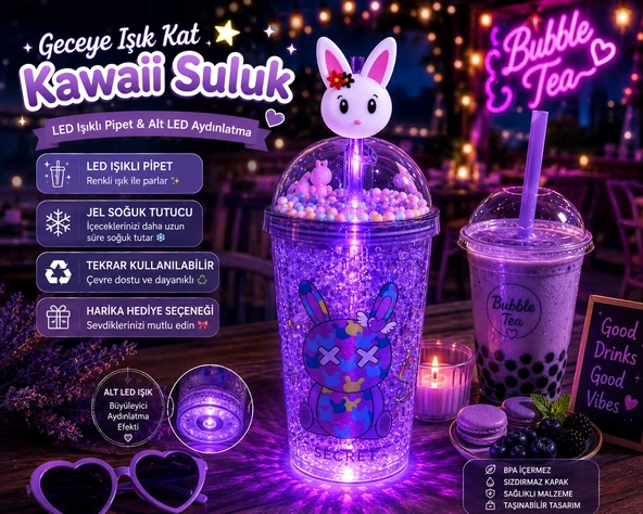Çift Katmanlı İçecek Bardağı LED Işıklı Pipetli Kawaii Chibi Sevimli Tavşan Figürlü Suluk 450 ML Mor ürün görseli 1
