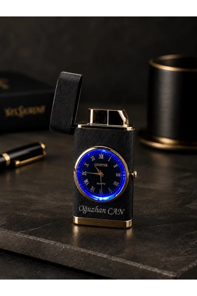 İsime Kişiye Özel Premium Saat Tasarım Metal Çakmak Özel Prestij Hediye Dolu Gönderim Füme ürün görseli 1