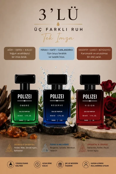 Polizei 3'lü Erkek Parfüm Edp 50 Ml Kalıcı Odunsu Ve Fresh Kokular ürün görseli 1