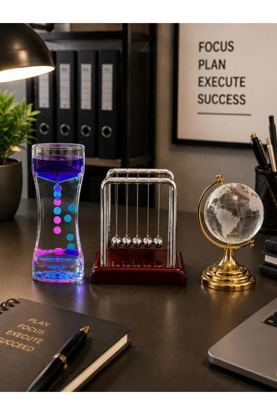 3'lü Set İş Ofis Hediyesi Zarif Dekoratif Newton Sarkaç Kristal Gold Dünya Küre Damla Sıvı Kum Saati ürün görseli 1