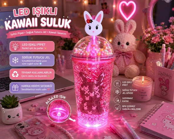 LED Işıklı Pipetli Kawaii Chibi Sevimli Tavşan Figürlü Çift Katlı İçecek Bardağı Suluk 450ML Kırmızı ürün görseli 1