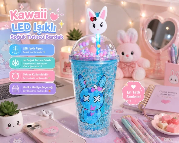LED Işıklı Pipetli Kawaii Chibi Sevimli Tavşan Figürlü Çift Katmanlı İçecek Bardağı Suluk 450ML Mavi ürün görseli 1