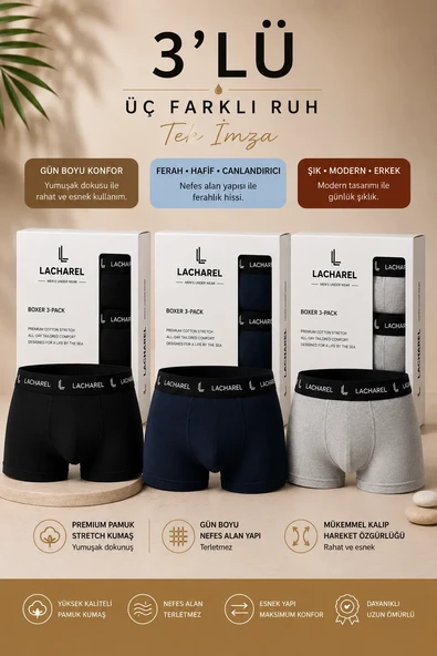 Erkek Likralı Pamuklu Nefes Alan Penye Boxer3'lü Paket - Siyah & Gri & Lacivert ürün görseli 1