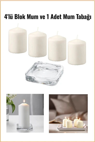 IKEA 4'lü Kokusuz Naturel Blok Mum ve 1 Adet Mum Tabağı ürün görseli 1
