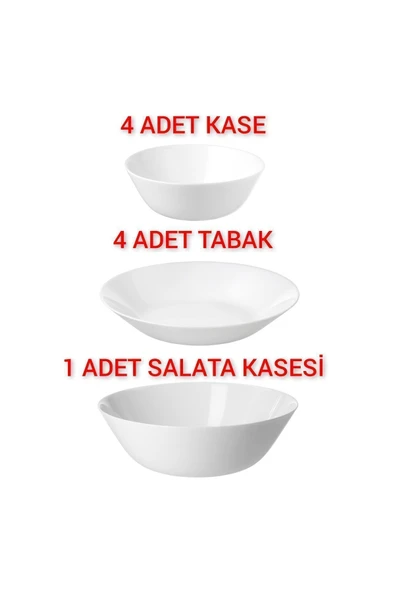 IKEA Quality 4 Adet Çap 20 Cm Yemek Tabağı 4 Adet 15 Cm Kase 1 Adet Salata Kase 23 Cm Temperli Cam ürün görseli 1