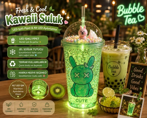 LED Işıklı Pipetli Kawaii Chibi Sevimli Tavşan Figürlü Çift Katlı İçecek Bardağı Suluk 450 ML Yeşil ürün görseli 1