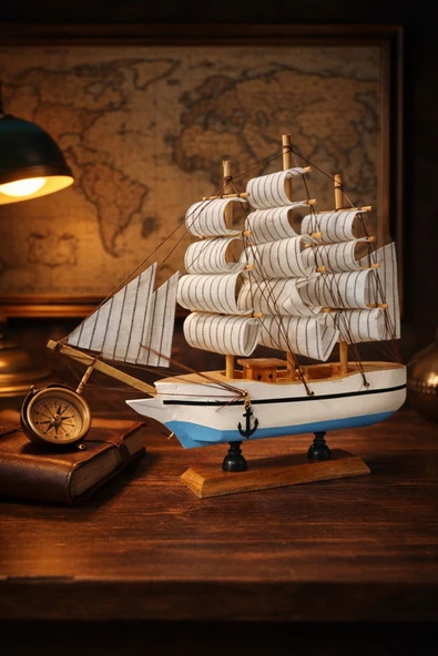 Dekoratif Premium Ahşap El Yapımı Yelkenli Gemi Maketi Masa Üstü Biblo 24 x 24 CM MAVİ-BEYAZ 529-A ürün görseli 1