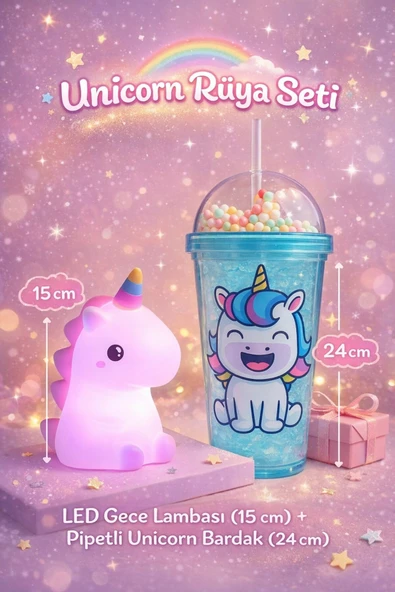 2 Li Set Işıklı Renkli Unicorn Figürlü Gece Lambası & Pipetli Boncuk Detaylı Suluk Bardak Mavi 450ML ürün görseli 1