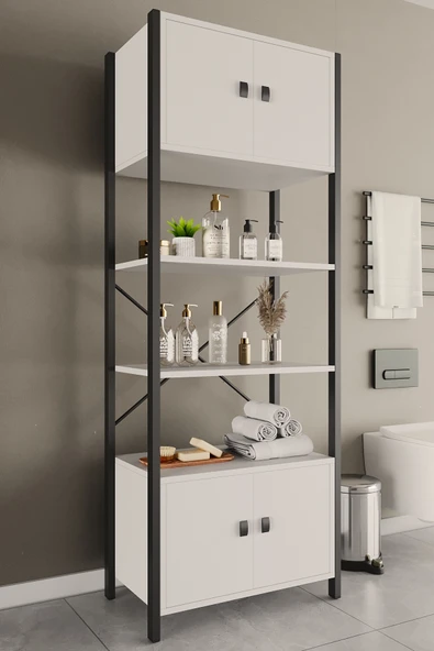 Çok Amaçli Iki Dolapli Iki Rafli Ünite (siyah profil beyaz sunta) Beyaz 53x23x150 Cm ürün görseli 1