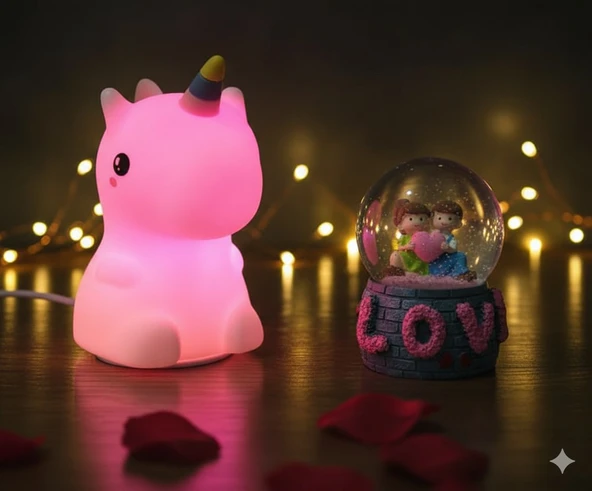 2 li Sevgiliye Romantik Hediye Seti Unicorn Çok Renkli LED Gece Lambası ve 9 Cm LOVE Kar Küresi Seti ürün görseli 1