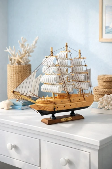 Dekoratif Premium Ahşap El Yapımı Yelkenli Gemi Maketi Masa Üstü Biblo 24 x 24 CM Ahşap Renk 529 EB ürün görseli 1