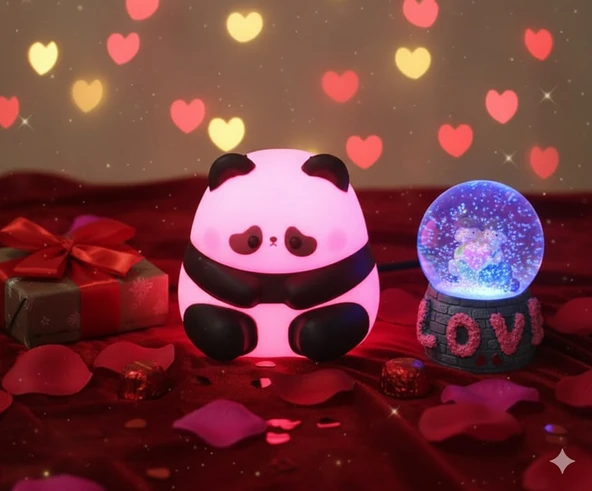 2 li Sevgiliye Romantik Hediye Seti Slikon Panda Renkli LED Gece Lambası ve 9 Cm Love Kar Küresi Set ürün görseli 1