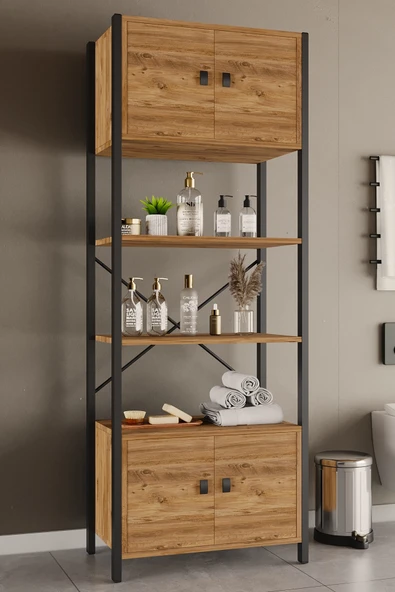 Çok Amaçli Iki Dolapli Iki Rafli Ünite (siyah profil çam sunta) Kahverengi 53x23x150 Cm ürün görseli 1
