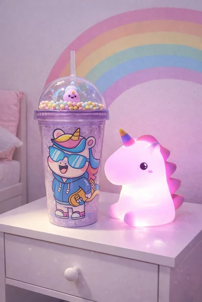 2 Li Set Işıklı Renkli Unicorn Figürlü Gece Lambası & Pipetli Boncuk Detaylı Suluk Bardak Mor 450 ML ürün görseli 1