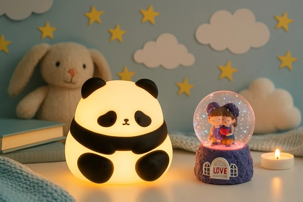 2 li Sevgiliye Romantik Hediye Seti Slikon Panda Renkli LED Gece Lambası ve 9 Cm Mor Kar Küresi Set ürün görseli 1