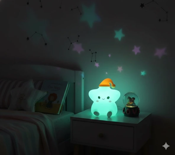 2 li Sevgiliye Romantik Hediye Seti Slikon Yıldız Renkli LED Gece Lambası ve 9Cm Love Kar Küresi Set ürün görseli 1