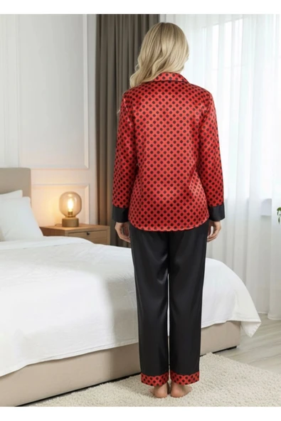 #PijamaTakımı Lüks Esnek Kaliteli Rahat Zarif Bayan Siyah-Kırmızı Saten Pijama Takımı ürün görseli 1