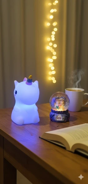 2 li Sevgiliye Romantik Hediye Seti Unicorn Çok Renkli LED Gece Lambası ve 9 Cm Mor Kar Küresi Seti ürün görseli 1