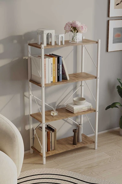 Üç Katli Çok Amaçli Rafli Dolap (Beyaz Profil Çam Sunta) 60x24x80 Cm MTL049 ürün görseli 1