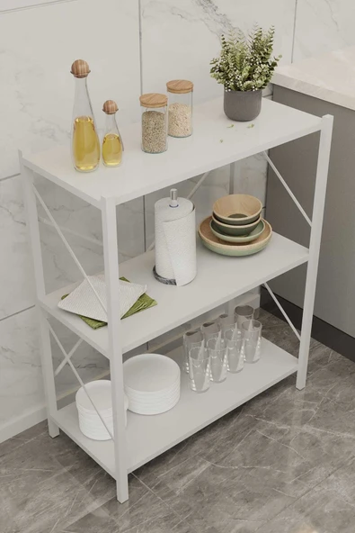Üç Katli Çok Amaçli Rafli Dolap (Beyaz Profil Beyaz Sunta) 60x24x80 Cm MTL050 ürün görseli 1