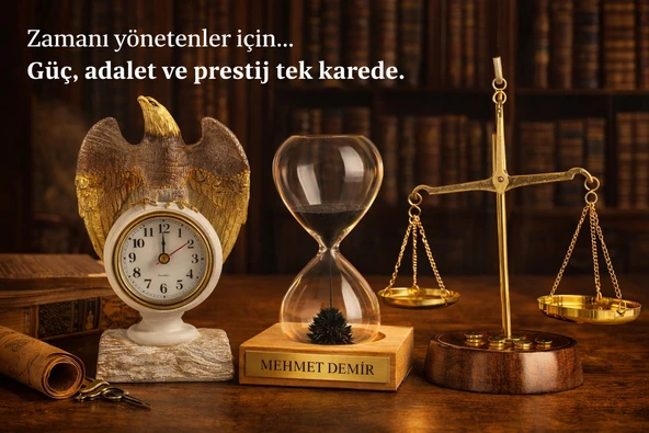 3 Lü Lüks Ofis Dekor Seti Masa Üstü Kartal Saat & Kişiye Özel İsimli Kum Saati & Adalet Terazi Seti ürün görseli 1