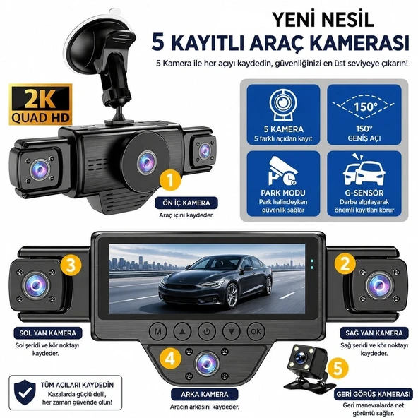 5 Kameralı N89 Araç İçi Kamera 2K Quad HD Ön İç Arka Yan Kameralı WiFi Gece Görüşlü G-Sensör 150° Geniş Açı Araç Kayıt Kamerası ürün görseli 1