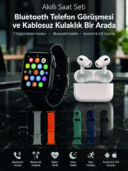 Bluetooth Telefon Görüşmeli Akıllı Saat Seti Kablosuz Bluetooth Kulaklık 7 Değiştirilebilir Kordon ürün görseli 1