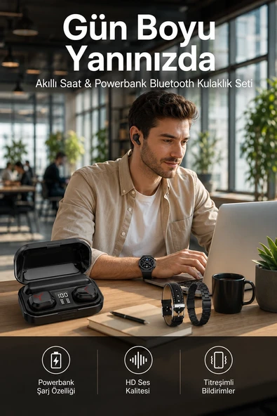 Ucuz Kaliteli Akıllı Saat Ve Powerbank Bluetooth Kulaklık 5.1 Stereo Anc Özelliği ürün görseli 1