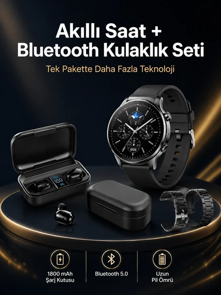 Kablosuz Bluetooth Kulaklık Ve Kordon Hediyeli Akıllı Saat Nabız Ölçer Uzun Pil Ömrü ürün görseli 1