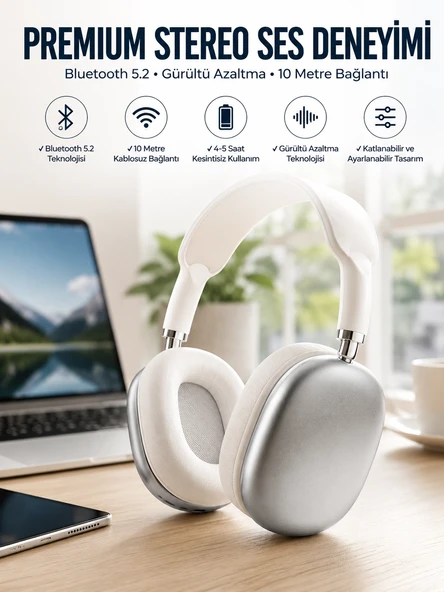 P9 Plus Kablosuz Kulak Üstü Bluetooth Kulaklık Beyaz Yüksek Ses Kaliteli ürün görseli 1